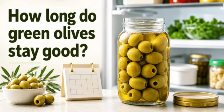How Long Do Green Olives Last guide with green olives in a jar near the fridge