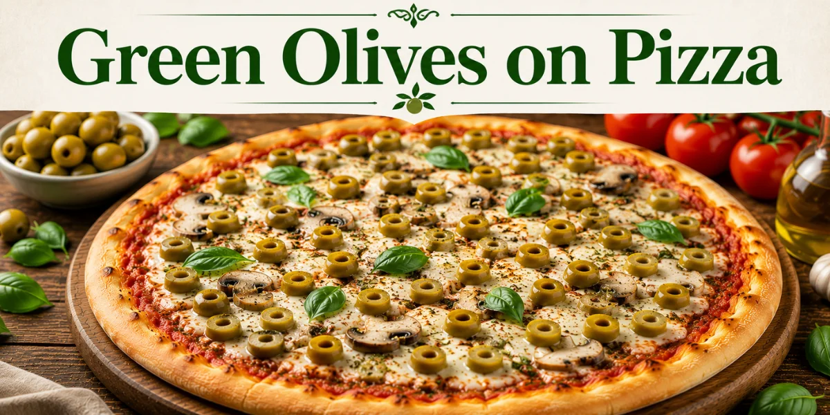 A hot pizza slice with melted cheese and sliced green olives being lifted from a fresh pizza.