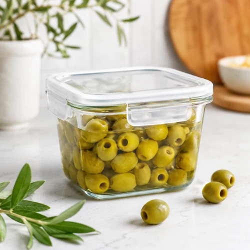 Green olives stored in a clear airtight glass container with a tight lid on a white kitchen counter.