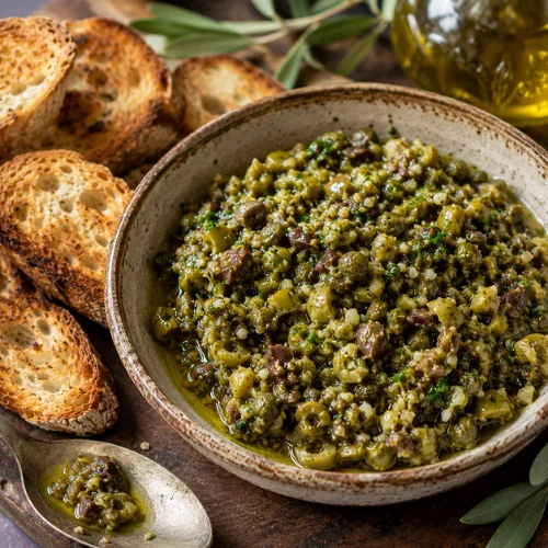 Green olive tapenade in a bowl served with toasted bread slices