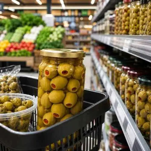 Person selecting a jar of stuffed green olives while checking the label in a grocery store