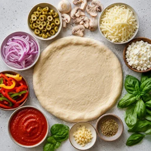 Pizza ingredients arranged around dough, including green olives, mushrooms, cheese, onion, peppers, basil, and tomato sauce.