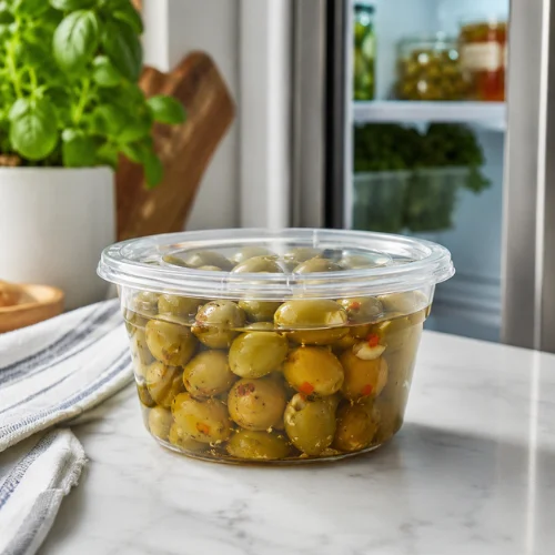 Stored green olives used in salad, sandwich slices, crackers, and a small dip bowl.