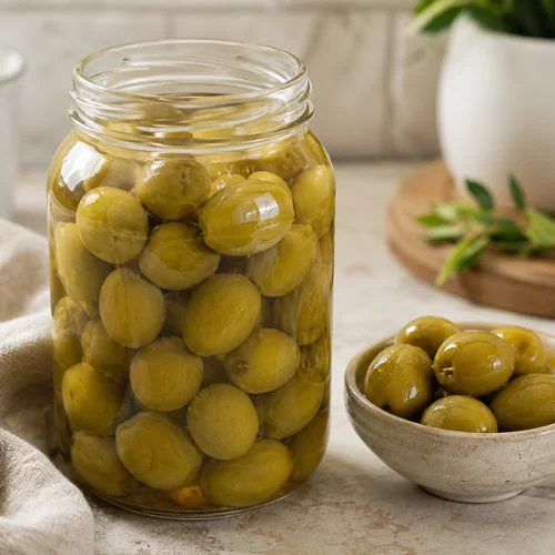 Marinated brined green olives with pimento, herbs, olive oil, peppercorns, and crusty bread.