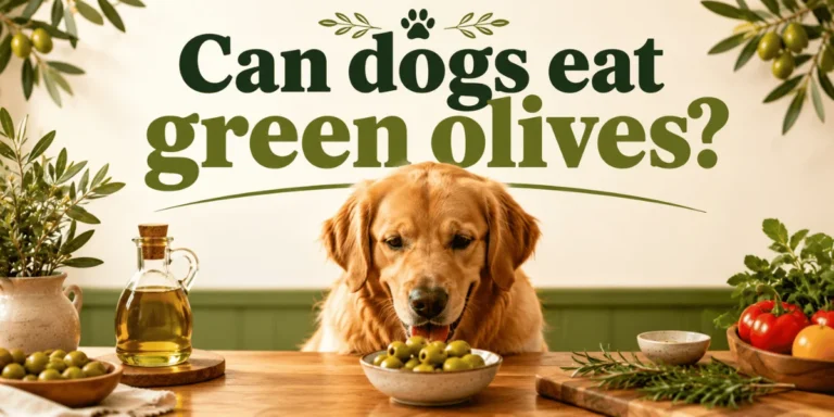 Golden retriever dog looking at green olives on a table with a pet food safety guide theme