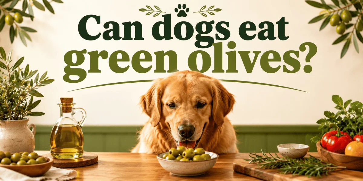 Golden retriever dog looking at green olives on a table with a pet food safety guide theme