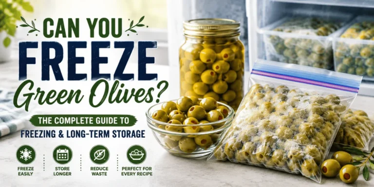 Green olives in a jar, bowl, and freezer bag for freezing and storage