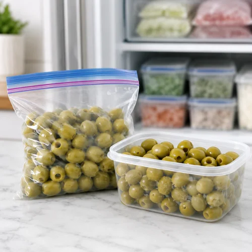 Drained green olives placed in a freezer-safe container and zip bag on a clean kitchen counter.