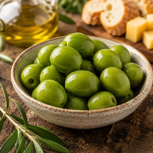 Bright green Castelvetrano olives in a ceramic bowl with bread, cheese, and olive oil in the