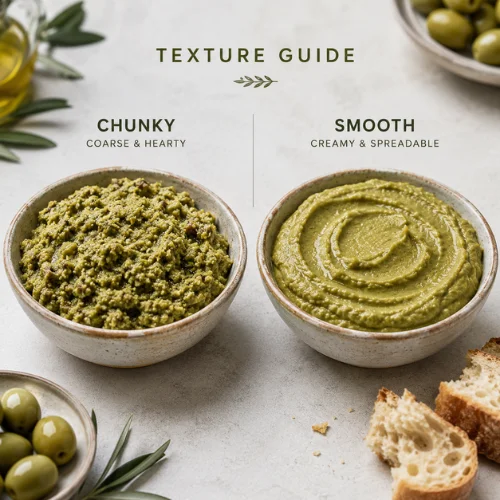 Green olive tapenade recipe showing chunky and smooth textures of olive spread for different serving styles