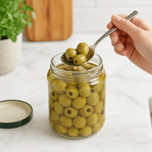 Clean spoon taking green olives from a jar to prevent contamination