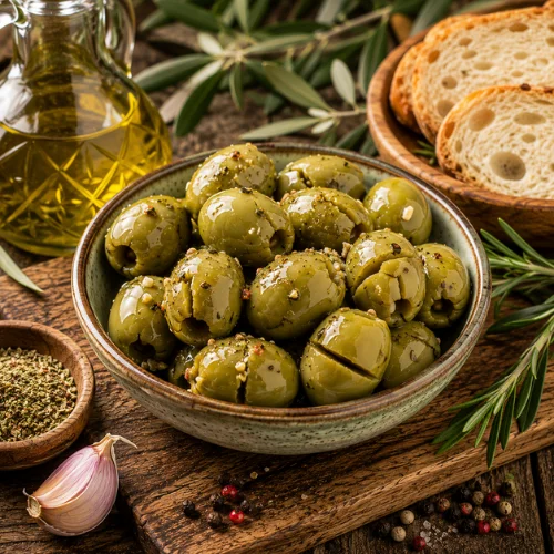 Cracked green olives served with olive oil, garlic, herbs, peppercorns, and crusty bread.