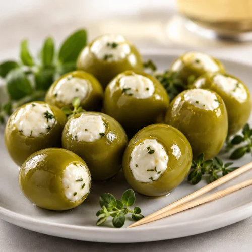 Large green olives stuffed with seasoned cream cheese and served on an appetizer plate with herbs.