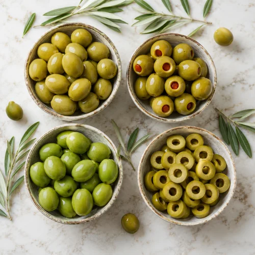 Different types of green olives in small bowls, including Spanish olives, stuffed olives, Castelvetrano olives, and sliced olives