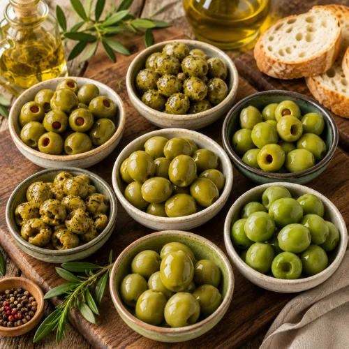 Several bowls of different green olives arranged on a wooden table with olive oil, bread, and herbs.