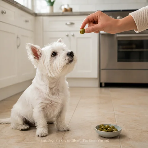 Preparing a plain washed green olive safely for a dog treat