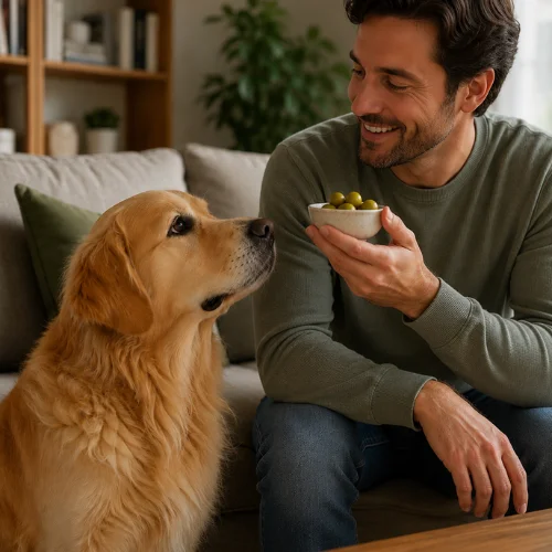 Dog looking at a bowl of green olives while learning whether olives are safe for dogs