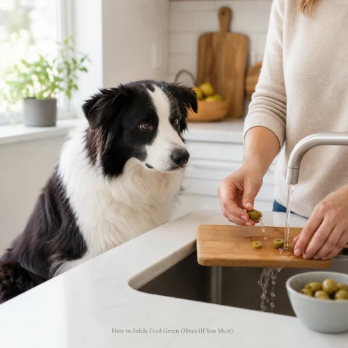 Dog owner checking green olives after a dog accidentally eats an olive. Learn can dogs eat green olives?