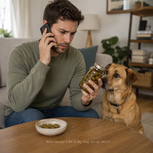 Dog looking at a bowl of green olives while learning whether olives are safe for dogs
