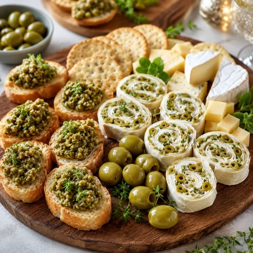 Green olive appetizers with crostini, olive pinwheels, cheese, crackers, and whole olives