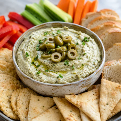 Creamy green olive dip served with crackers, pita bread, and fresh vegetables