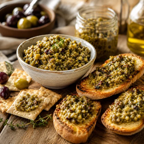 Easy green olive tapenade recipe served on toasted bread and crackers as a quick Mediterranean appetizer and olive spread