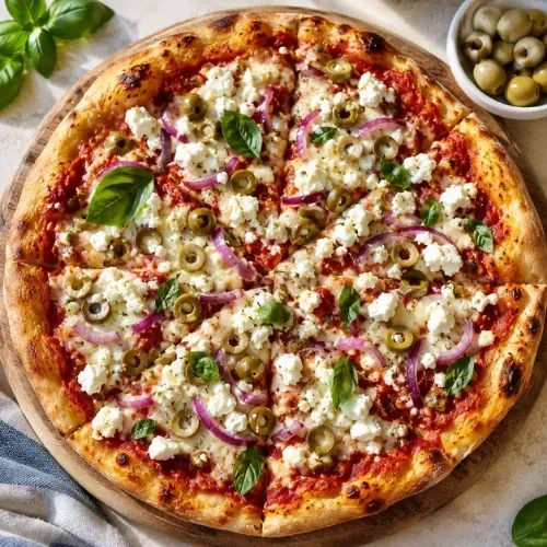 Mediterranean-style pizza topped with feta cheese, green olives, red onion, basil, and tomato sauce.