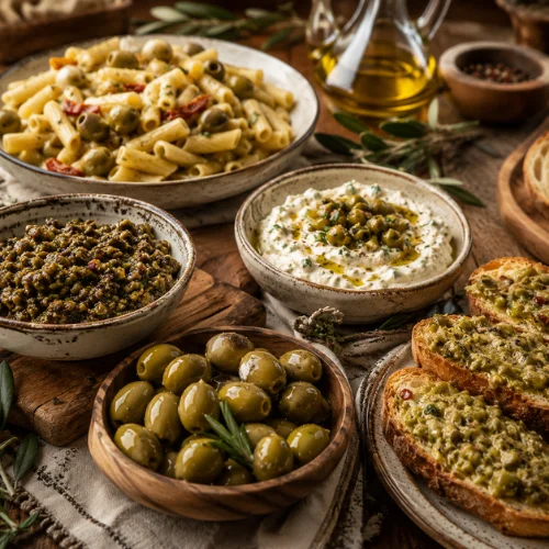 Final green olive recipe spread with olives, dip, tapenade, pasta, and toasted bread
