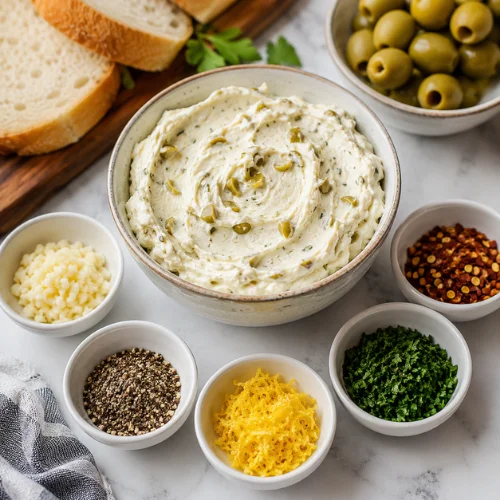 Green olive cream cheese spread with garlic, black pepper, lemon zest, chopped herbs, and crushed red pepper in small bowls.