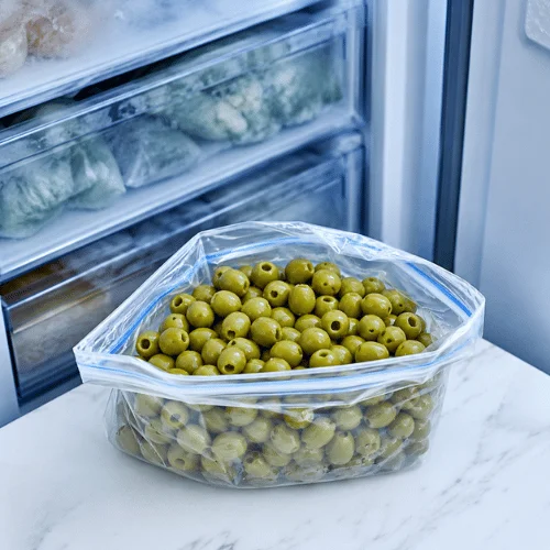 Green olives prepared for freezing in a freezer-safe bag near a freezer drawer