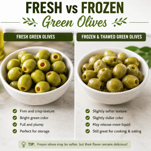 Fresh green olives compared with frozen and thawed green olives
