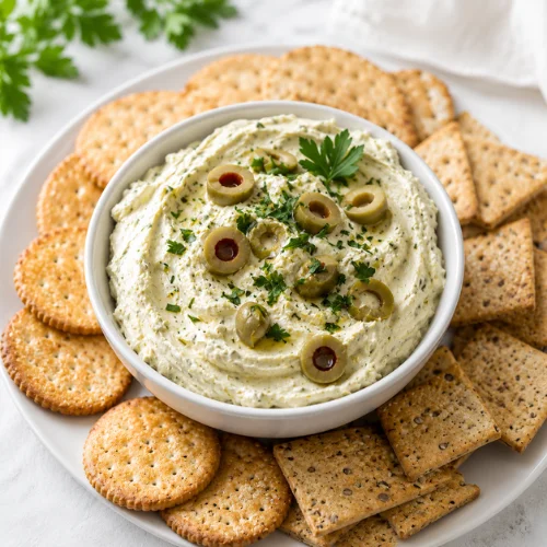 Green olive cream cheese dip served in a bowl with crackers and sliced green olives on top.