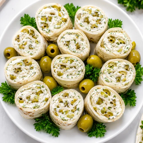 ortilla pinwheels filled with green olive cream cheese spread and arranged with parsley and whole olives.