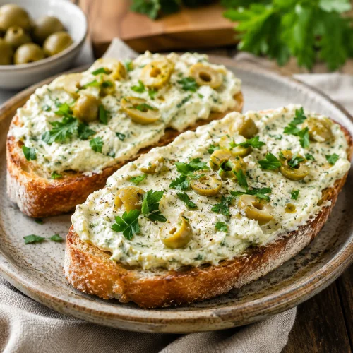 Toasted bread slices topped with green olive cream cheese spread, chopped olives, and fresh herbs.