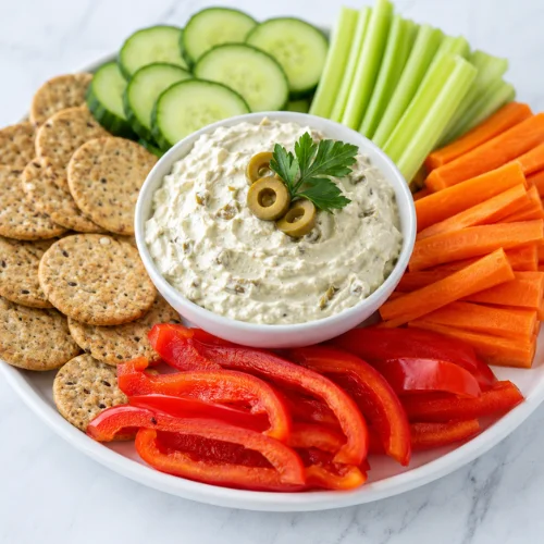 Green olive cream cheese dip served with cucumber slices, celery sticks, carrots, bell pepper strips, and whole-grain crackers.