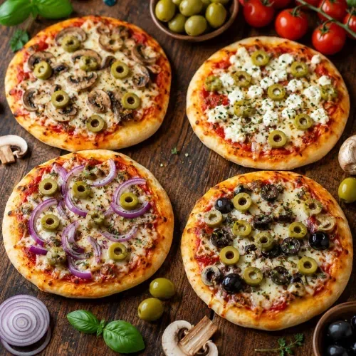 Four mini pizzas with different green olive topping combinations, including mushrooms, feta, onion, and mixed olives