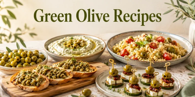 Green olive recipes spread featuring tapenade, creamy dip, olive pasta, toasted bread, and appetizers