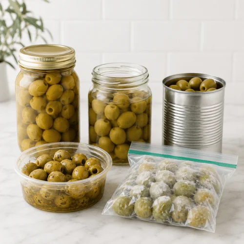 Green olive shelf life storage types including unopened jar, opened jar, canned olives, deli olives, and frozen olives
