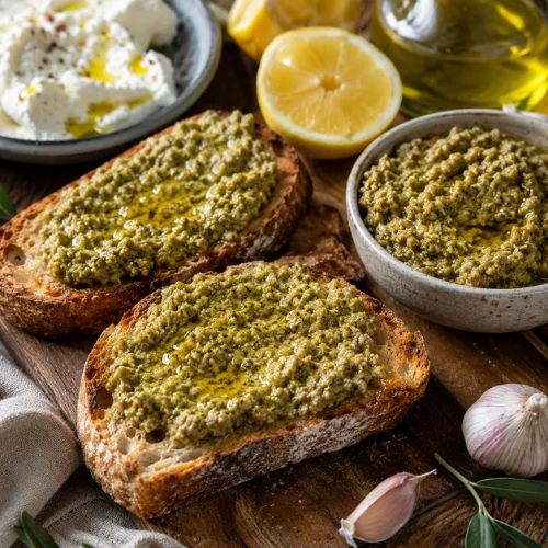 Green olive spread served on toasted bread with a bowl of spread on the side
