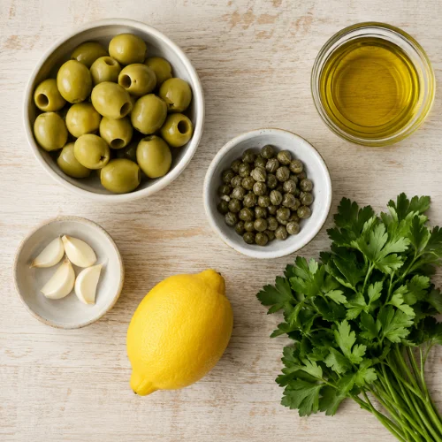 Green olive tapenade recipe ingredients flat lay including olives, capers, garlic, lemon juice, parsley, and olive oil for homemade spread
