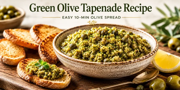 Green olive tapenade recipe served in rustic bowl with crostini and olives, easy Mediterranean olive spread for quick appetizers
