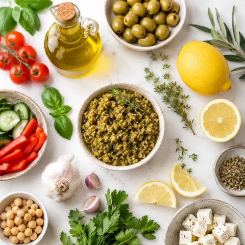 Green olive tapenade recipe served with crostini crackers cheese and vegetables on rustic serving board