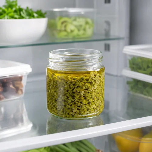 Green olive tapenade recipe stored in glass jar inside fridge showing homemade olive spread freshness tips