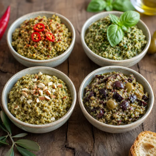 Green olive tapenade recipe variations including spicy basil almond and mixed olive spreads in small bowls