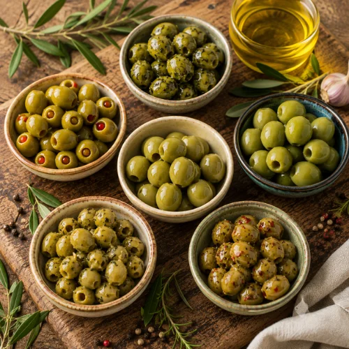 Several bowls of different green olives arranged on a wooden table with olive oil, bread, and herbs.