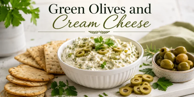 Green olives and cream cheese appetizer spread served with crackers, sliced olives, herbs, and whole green olives.