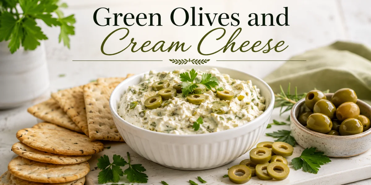 Green olives and cream cheese appetizer spread served with crackers, sliced olives, herbs, and whole green olives.
