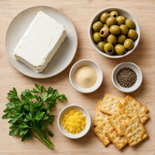 Ingredients for green olives and cream cheese including cream cheese, green olives, garlic powder,