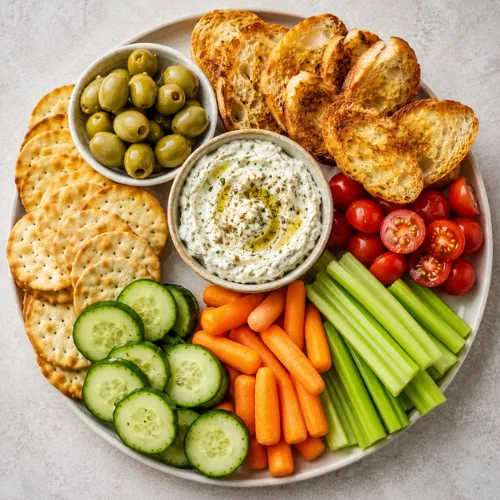 Green olives and cream cheese spread served with crackers, cucumber slices, carrots, celery, cherry tomatoes, and toasted bread.