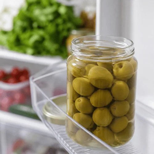 Green olives covered in brine with a small bowl of salt water beside the jar
